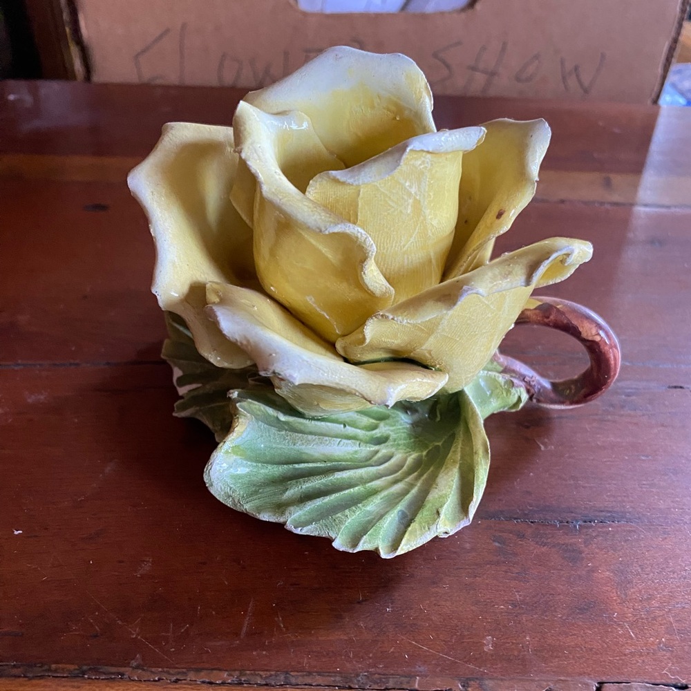 Vintage Hand Painted Capodimonte Porcelain Yellow Rose Candlestick Holder